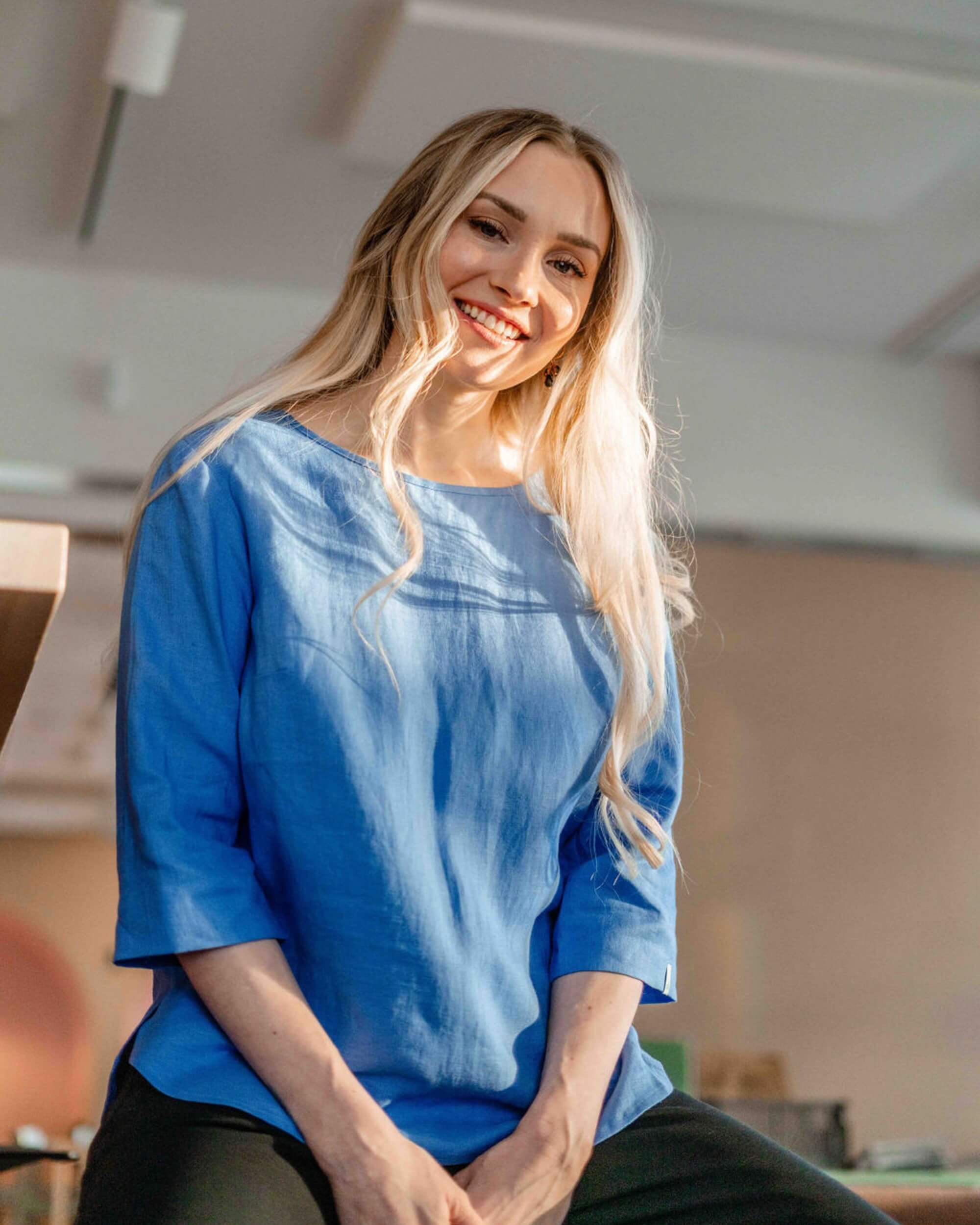 Classic Linen Blouse Pellavapaita, Marina Blue